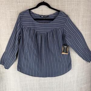 Lee Tunic Blouse Womens L Blue Striped Scoop Neck Roll Tab Shape Illusions